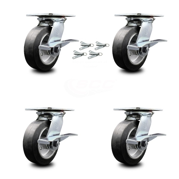 6 Inch Rubber on Aluminum Caster Set with Ball Bearings and Brakes/Swivel Locks